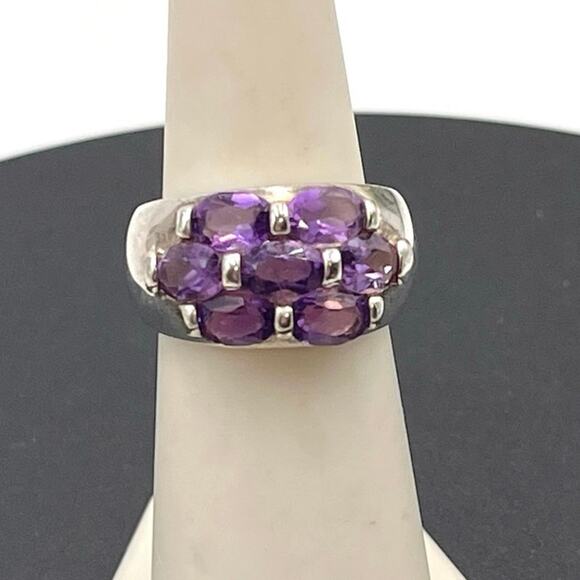 Signed Sterling Silver 925 Purple Amethyst Cluster Brick Step Ring Size 6 3/4 - Picture 1 of 8